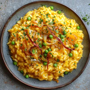 A vibrant colorful dish with an inviting aroma. The creamy yellow saffron-infused Arborio rice colors the plate, adorned with glistening caramelized onions in a deep golden brown, and sprinkles of green peas and chopped fresh parsley on top. A red streak of paprika delivers a striking contrast.