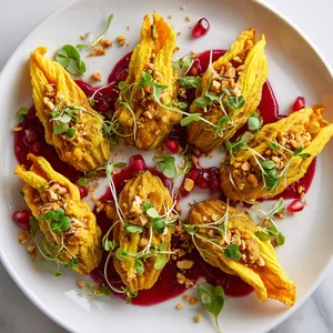 A harmonious platter of vibrant golden-yellow squash blossoms filled with spiced amaranth-chickpea mixture. Each blossom sits upon a pool of ruby-red pomegranate chutney, topped with fresh microgreens and a sprinkle of crushed roasted peanuts.