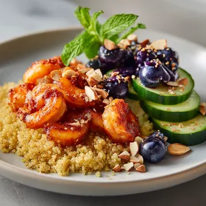 A stunning high-impact plate with a pile of vibrant jumbo shrimp tossed in red chili paste splayed over a bed of golden quinoa. The side is adorned by a mound of juicy cucumber-blueberry salad with purple-blue tones, topped with dainty mint leaves. The plate is finished with a scattering of crunchy toasted almonds and sesame seeds, giving the dish a multi-dimensional feel.