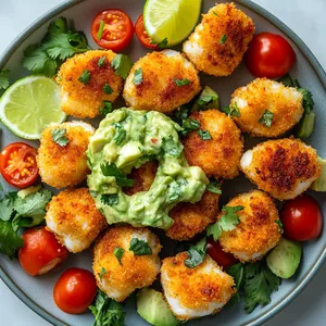 The platter showcases small, golden nuggets of halibut, dabbed with a vibrant green dollop of avocado relish and drizzled with the creamy cilantro lime aioli. Colorful garnishes of chopped tomatoes, fresh cilantro sprigs, and zesty lime wedges surround the bites, making the plate pop with color and appetizing textures.