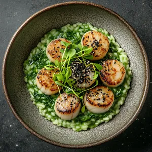 Imagine a shallow rustic bowl filled with creamy risotto, the vibrant green spinach playing beautifully against the soft whiteness of the risotto. At the center is a bouquet of golden seared scallops, lightly dusted with black sesame seeds. The dish is finished with a drizzle of glossy yuzu sauce, dotting the risotto, and crowned with micro greens for that final pop of color.