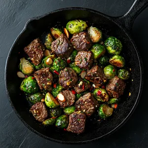 A glossy black cast iron skillet brimming with seared, caramelized steak cubes and vibrant green Brussels sprouts with specks of golden brown. Garnished with bright red chili flakes and sprinkled with almond shavings, it's a stunning contrast of colors and textures.