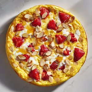 From above, you'll see a vibrant, deep-yellow round frittata with pleasingly irregular spikes of strawberries peeking through the surface. Swirled patches of creamy, white ricotta meet almond slivers toasted to golden perfection, offering a balanced textural contrast. A drizzle of honey shines radiantly against the light, making for a stunning feast for both the eyes and the tastebuds.