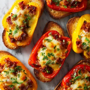 From above, it's a stunning mosaic of bell peppers in striking red, yellow, and orange hues, filled generously with golden-brown, melted manchego cheese that lightly blankets the chunks of chorizo tucked within. The rustic crust of the bread slices provide a lovely toasted-brown frame around each pepper, emphasizing its rich, sunglow color.