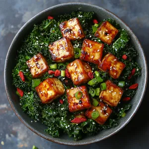 Garlicky glazed tofu cubes are nestled in a verdant sea of finely chopped kale dressed in a rich brown Chinese vinaigrette. Pops of star anise, coriander seeds, and red goji berries are peppered throughout, creating a visually striking contrast. The dish is garnished with thin rings of scallions and a sprinkle of sesame seeds for a touch of elegance.